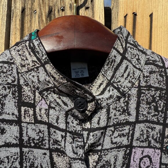 Price FIRM Vintage 80s 90s Grey Abstract Print Button Down Blouse Jacket | S/M - Picture 6 of 16
